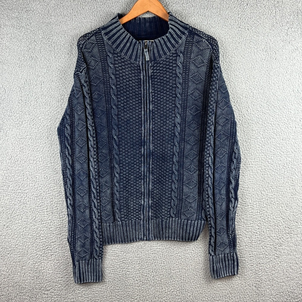 Carbon 2 Cobalt Sweater Mens Large Stavanger Full Zip Linen Nordic 3D Cable Knit